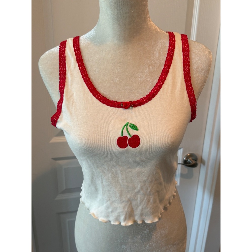 Love, Peace & Lazy Days Cream - Cherry Embroidered Lace Trim Crop Tank Top Lg